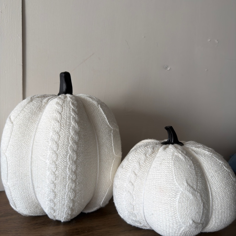 Set of 2 Knit White Decorative Pumpkins